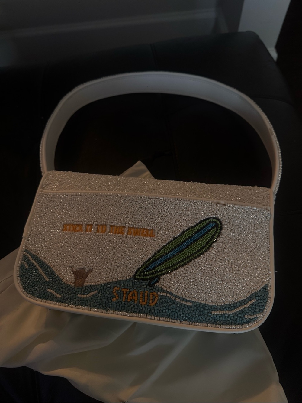 STAUD White Beaded Surf Embroidered Shoulder Bag - Picture 3 of 5